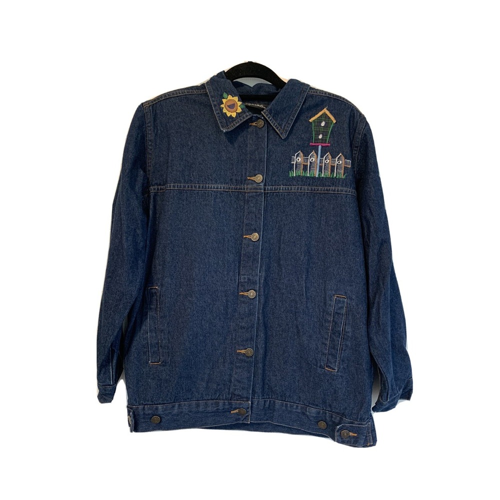 Denim Shirt Jacket Size Medium Silver Threads Embroidered Flowers Birdhouses
